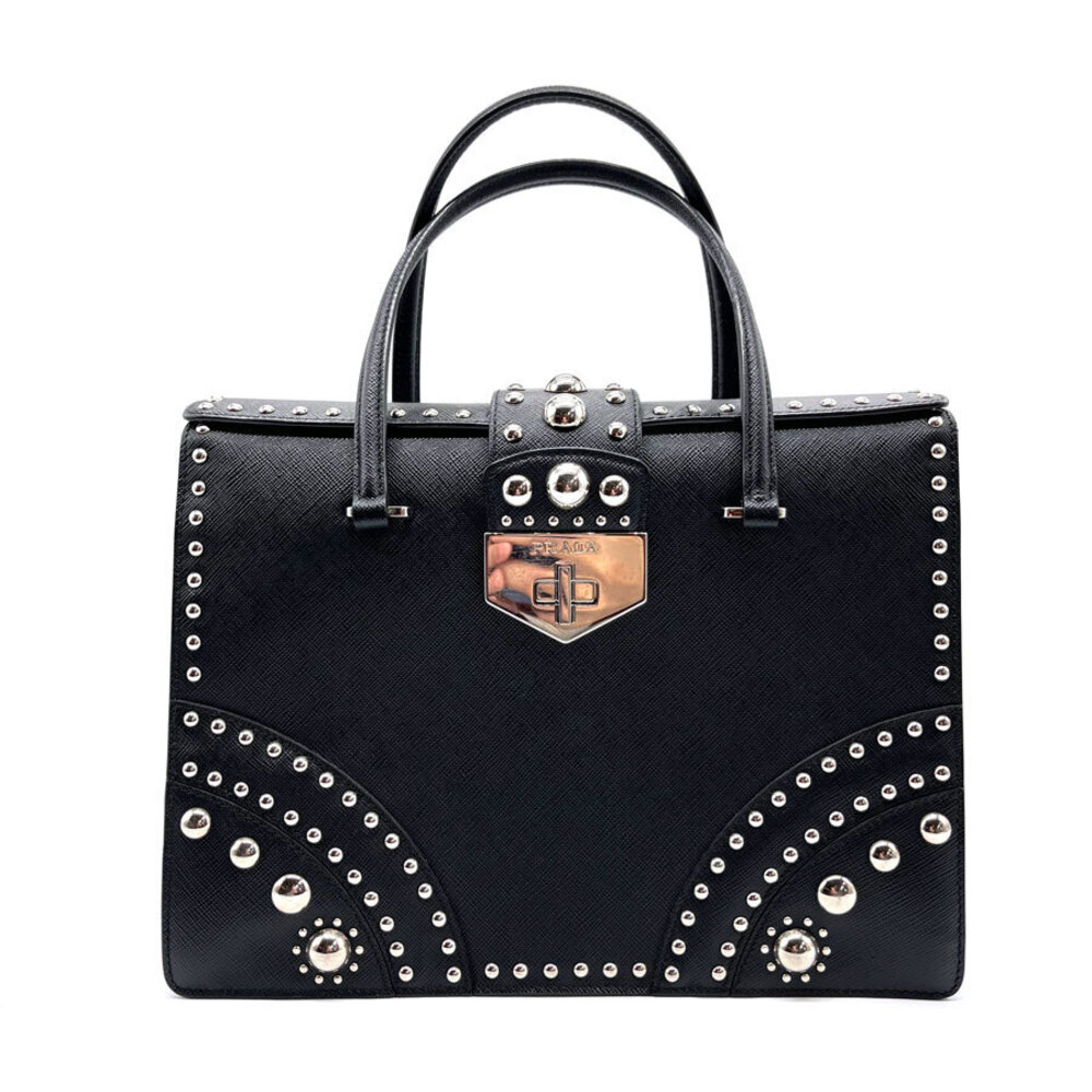Prada Black Studded Saffiano Lux Leather top handle bag